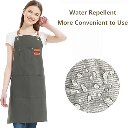 AFUN Chef Aprons for Women Men with Oversized Pockets, 12-Ounce Cotton Canvas Cross Back Water Repellent Apron (Grey) - color: Grey