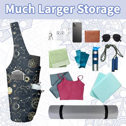 Yoga Bag for Women, Large Yoga Mat Bag Tote Carrier with Wet Dry Pocket | Water Bottle Holder & Adjustable Strap, Fits 1/2" Thick Yoga Mat for Gym, Pilates, Travel, Work - color: Sun Moon