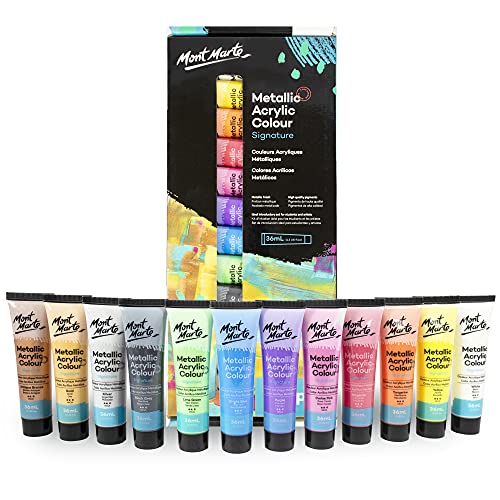 Mont Marte Premium Metallic Acrylic Paint Set, 12 x 1.02oz (36ml) Tubes, 12 Colors, Suitable for Most Surfaces Including Canvas, Card, Paper and Wood - size: 14.4 Fl Oz (Pack of 1)