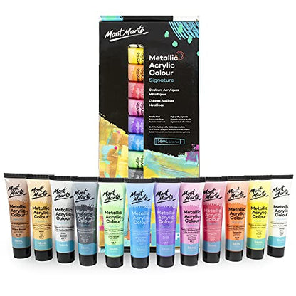 Mont Marte Premium Metallic Acrylic Paint Set, 12 x 1.02oz (36ml) Tubes, 12 Colors, Suitable for Most Surfaces Including Canvas, Card, Paper and Wood - size: 14.4 Fl Oz (Pack of 1)