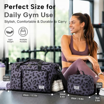 FIORETTO Women's Gym Duffle Bag with Shoes Compartment, 30L Capacity, Ideal for Travel, Gym, Sports, Duffel, Weekender - color: Leopard Grey, style: Gym Bag With Toiletry Bag