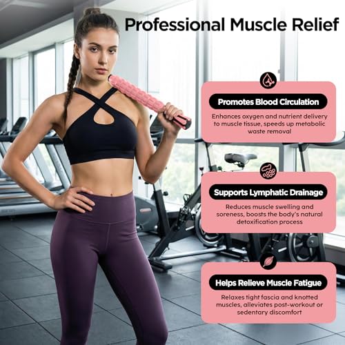 Muscle Roller & Massage Roller Stick for Athletes - Lymphatic Drainage Support, Relieves Muscle Soreness, Cramping & Tightness - Targets Legs, Arms, Back & Calves （Pink ） - color: Pink