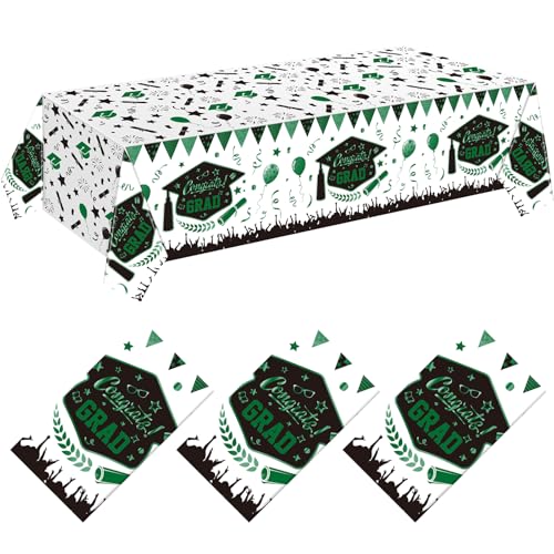 Kinlop 3 Pcs Graduation Tablecloths Class of 2026 Graduation Party Decoration Supplies 51" x 108" Plastic Congrats Grad Table Covers Disposable Graduate Tablecloths(Black, Green) - color: Black, Green