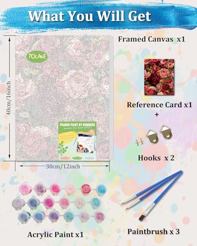 TOCARE Framed Paint by Numbers Kit for Adults, 12x16Inch Rose Paint by Numbers with Frame, Red Rose Adult Paint by Number Framed Canvas for Lovers (Without Easel) - color: TC-F-299