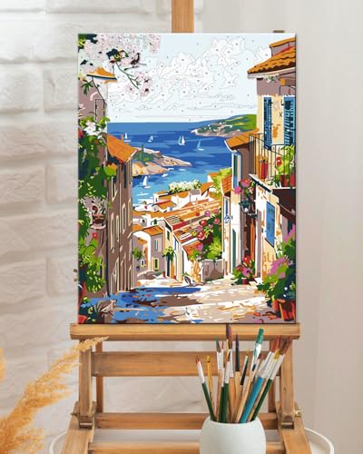 TOCARE Framed Paint by Numbers Kit for Adults, 12x16Inch Mediterranean Paint by Numbers with Frame, Greece Adult Paint by Number Framed Canvas Nature Scenery(Without Easel) - color: TC-F-208