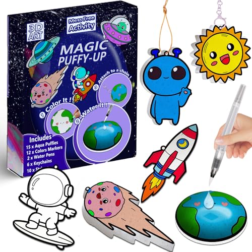 mom&myaboys 3D Aqua Puff Art Kit for Kids - Mess-Free Magic Water Painting Craft, DIY Color & Inflate Animals Activity, Creative Travel Gift for Girls & Boys Ages 4-10 (Outer Space) - style: outer space