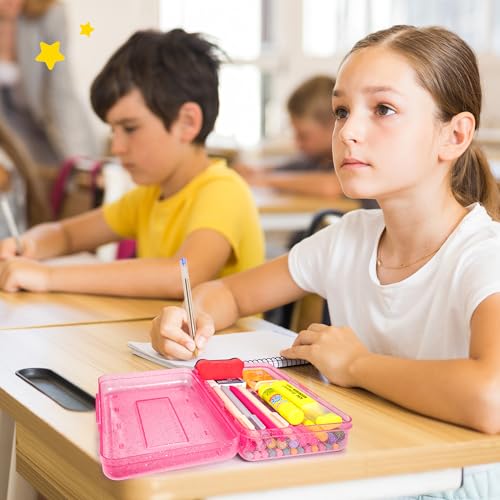 GAMENOTE Plastic Pencil Box with Snap Lid, School Supply Case, Glitter Pink | Kid Large Hard Pencil Case with Personalized Sticker, Snap-tight Lid, Small Art Craft Storage Containers for Boys, Girls - color: Glitter Pink