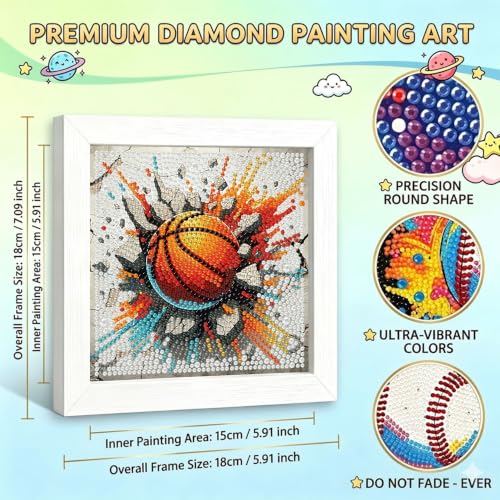 YarnWhimsy Basketball Diamond Art Kits for Kids with Frame 7x7 inch | DIY Creative Small Diamond Painting Kits for Kids Basketball, Pretty Easy Gem Arts for Children for Home Wall Decor - color: CC1134-US