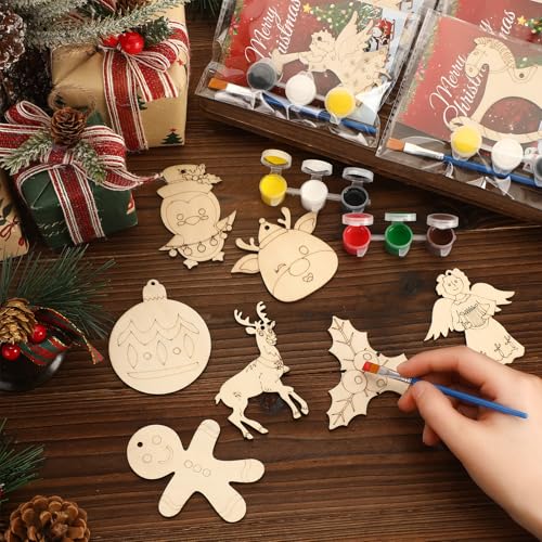 Saypacck 24 Pcs Christmas Party Favors Wooden Paint Craft Kits | DIY Painting Crafts with Brush Organza Bags, Christmas Stocking Stuffer Gifts, Festive Ornament Shapes - style: Christmas
