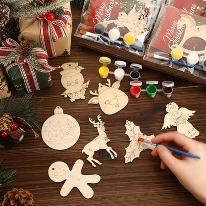 Saypacck 24 Pcs Christmas Party Favors Wooden Paint Craft Kits | DIY Painting Crafts with Brush Organza Bags, Christmas Stocking Stuffer Gifts, Festive Ornament Shapes - style: Christmas