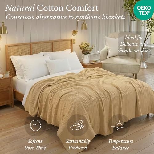 Threadmill Cotton Queen Blanket, Muslin, Beige, Prewashed, Lightweight | 100% Cotton, Muslin Weave, Breathable, All-Season, Lightweight, OEKO-TEX Certified, Machine Washable - color: Beige, size: Queen