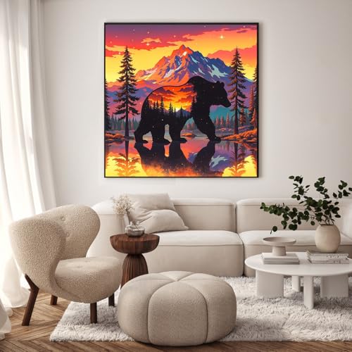 Paint by Numbers Kit for Adults, Sunset Bear Number Painting, 16 x 16 Inch | DIY Adult Paint by Number Kit on Canvas for Beginners, without Frame, Wildlife Wall Decor, Stress Relief Craft Gift - color: TRTDNF1P402