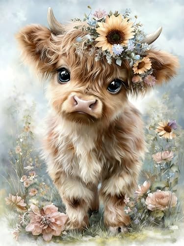AWUJON Diamond Painting Kits for Adults, Highland Cow 5D Diamond Art Kits Full Drill Diamond Dots DIY Paintings with Diamonds Gem Art and Crafts Home Wall Decor 12x16 inch - color: Highland cow