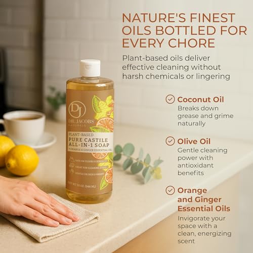 Dr. Jacobs Naturals Orange & Ginger Castile All-In-One Cleaner and Soap - Plant-Based Formula for House Cleaning Floors and Appliances - Gentle on Skin and the Planet - 32 oz, 1 Pack - size: 32 Fl Oz (Pack of 1), style: Orange Ginger