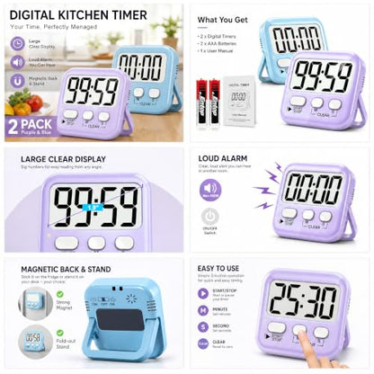 Antonki 2 Pack Digital Timer for Kids Classroom Kitchen Timers for Cooking | w/ Battery, Easy to View, Alarm, Mute Mode, Count Down/Up, Magnetic, Kickstand, Hanging, Classroom Timer for Teacher Supplies - color: 2 * Sky Blue + Lavender Purple