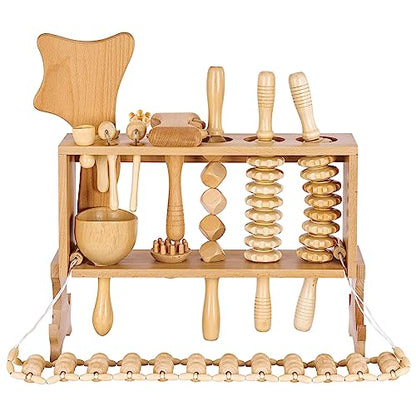 Meifuly 13 in 1 Wood Therapy Massage Tools with Luxury Storage Shelf, Complete Maderotherapia Wooden Massager Kit for Body Shaping, Lymphatic Drainage, Muscle Pain Relief, Anti-Cellulite