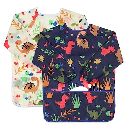Kids Art Smocks 2 Pack Dinosaur Painting Aprons for Children Waterproof Artist Smock with Long Sleeve and 3 Pockets for Age 3-8 Years - color: Dinosaur-2