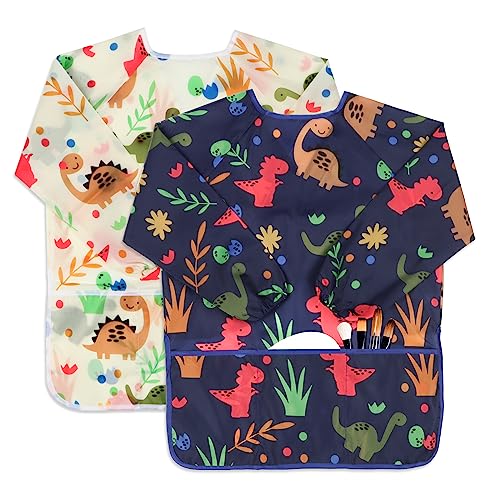 Kids Art Smocks 2 Pack Dinosaur Painting Aprons for Children Waterproof Artist Smock with Long Sleeve and 3 Pockets for Age 3-8 Years - color: Dinosaur-2
