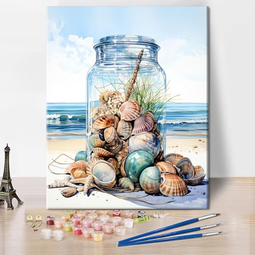 TUMOVO Seashells Paint by Numbers Kit for Adults Beginners, Beach Adult Paint by Number on Canvas, Sea Scenery Oil Painting for Gift Home Wall Decor Art Crafts 16"x20"(Frameless) - color: Seashell