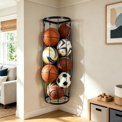 Wall Mounted Corner Ball Storage Rack, Garage Sports Equipment Organizer with Integrated Hook-and-Cord Design, Large Capacity Storage for Basketball, Soccer Ball, Football and Volleyball