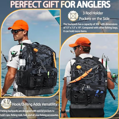 Fishing Backpack with Rod Holder, Heavy Duty Fishing Bag with Waterproof Bottom, Tackle Backpack Gifts for Man Woman-Black Camo - color: Black Camo