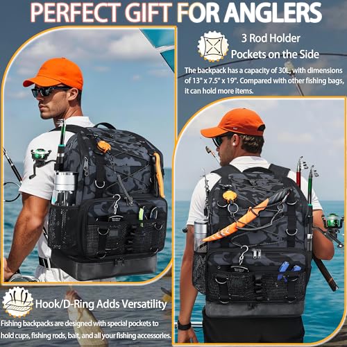 Fishing Backpack with 4 Tackle Boxes, Heavy Duty Fishing Bag with Waterproof Bottom, Tackle Backpack Gifts for Man Woman-Camo Black - color: Camo Black