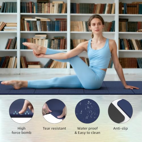 Foldable TPE Yoga Mat Thick 10mm,75" x40"Extra Large Exercise Mats | Stretch Mat Non-slip Fitness Folding Mat Easy to Carry,Wide Gym Mats for Women Men Suitable for Home Workout Travel Pilates - color: Dark Blue