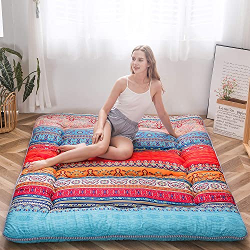 MAXYOYO Japanese Floor Mattress 4" Thick King Size Foldable Futon Mattress | Sleeping Pad Foldable Roll Up Mat Boys Girls Dormitory Pad Kids Floor Lounger, Bohemian - color: Bohemian a, size: King