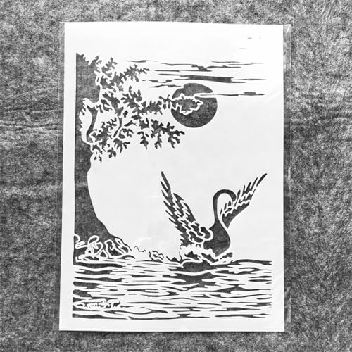 TIAMECH A4 Reusable Swan Lake Stencil for Painting | Spread Wings Swan Moon Layering Template, DIY Wall Art, Wood Furniture, Scrapbook & Crafts (8.3x11.7inch) - style: Swan Lake
