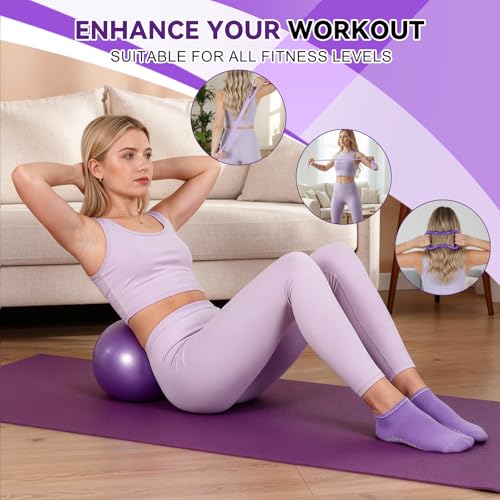 LiKiLiKi Pilates Ring and Ball Set, Home Pilates Equipment for Women with Resistance Bands, 12'' Magic Circle, 9.8'' Ball, for Strength, Toning and Flexibility, Fitness Essentials Starter Accessories - color: Purple