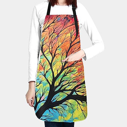 Artist Painting Apron with 2 Pockets Painters Art Aprons Gifts for Women Men - color: Rainbow Leaves Branch Tree