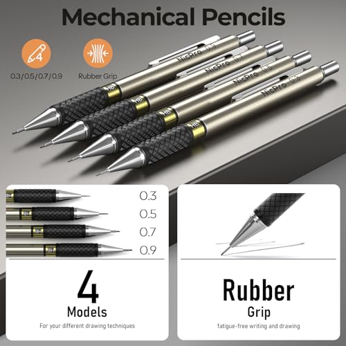 Nicpro 37PCS Gold Art Mechanical Pencil Set, 0.3/0.5/0.7/0.9/2mm Point | 360 Lead Refills(6B 4B 2B HB 2H 4H) 4 Erasers+18 Eraser Refills, Full Metal, School Supplies for Sketching Drawing Drafting - color: Gold, style: 0.3 0.5 0.7 0.9 2.0