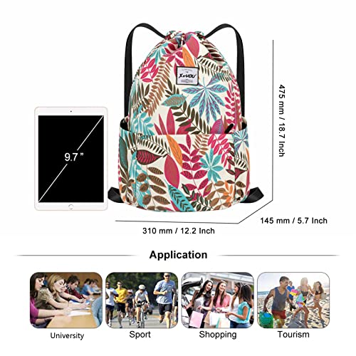 XEYOU Drawstring Backpack Bag Sport Gym Sackpack Beach Cinch Bag | Lightweight Swimming Bag, Water-Resistant Fabric, Travel Daypack for Women and Men - color: Colorful Leaves Pattern