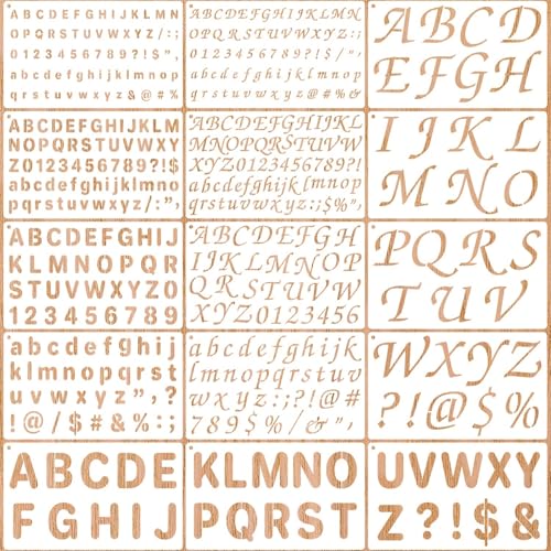 1/2, 3/4, 1, 2 Inch Letter Stencils for Painting, 15 Pack Reusable Plastic Alphabet and Number Stencils for Crafts Art Projects
