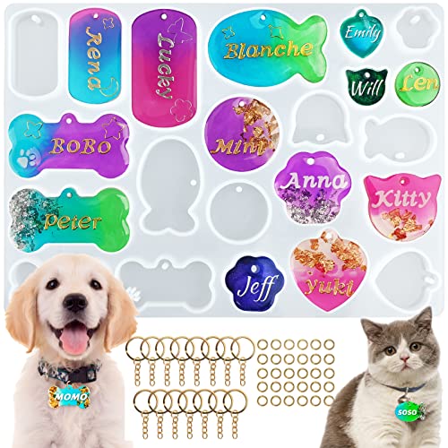 Pet Tag Resin Mold Silicone, Dog Tag Molds for Resin, Dog Bone Cat Shaped Keychain Silicone Resin Molds with 15Pcs Keychains DIY Crafts Making Tag Charm Pendant - color: Pet Tag Mold