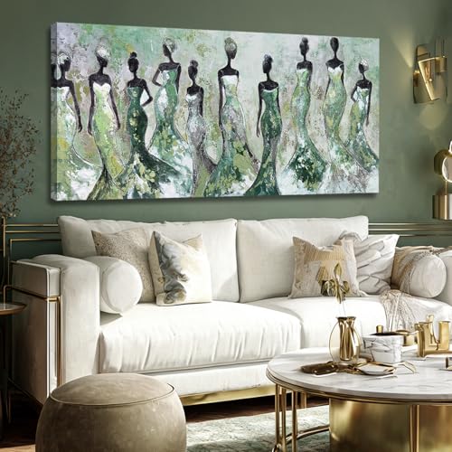 Dolidoteart Green Abstract Figure Wall Art, Black Modern Horizontal Canvas Print for Living Room, Bedroom, Dining Room or Office, Aesthetic Fashion Artwork, 24x48 Inch - color: Green, size: 48"L x 24"W