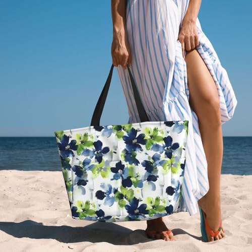 Large Beach Bag for Women Waterproof Foldable Travel Shoulder Tote Bag with Pocket for Weekender Pool Vacation - color: Floral White