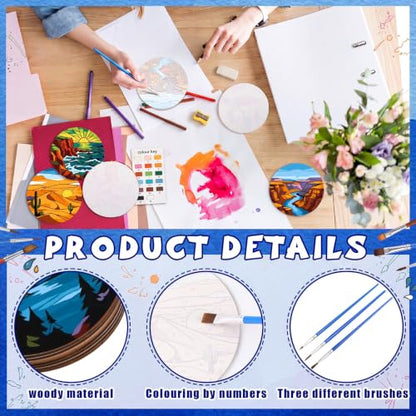 Reallnaive 8 Pcs Mountain Paint by Numbers Kit for Adults Wooden Coasters | Mini Landscape Paint by Numbers, Tiny Sunrise River Round Oil Painting Drink Coaster with Holder, for Small DIY Craft Gift - style: Mountains