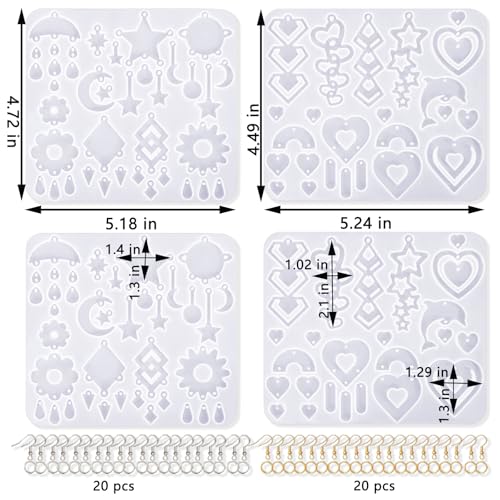 4 PCS Earring Resin Molds Multi Layer for DIY Pendant Keychain Earrings | Flexible, Easy to Release Resin Earrings Mold with 40 Earring Hooks