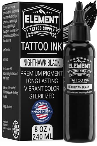 Element Tattoo Supply Black Tattoo Ink 8oz Bottle | Professional Black Ink | USA made formula, smooth reliable flow, deep bold saturation, ideal for lining and shading, trusted by professional artists - size: 8oz