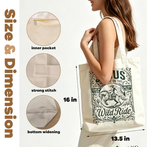 VICBOU Christian Canvas Tote Bag for Women Girls Birthday,Shoulder Bag with Pocket for Grocery Shopping Beach - color: Cowboyjesus