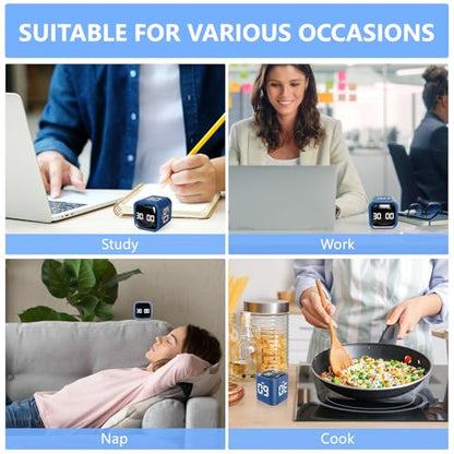 GuDoQi Multi-Function Cube Timer, 5/10/30/60 Min & Custom Count Down, Included Pause & Resume Feature, Silent, Vibrate & Adjustable Sound Alarm for Productivity in Tasks,Study & Kitchen, Classic Blue - color: Blue