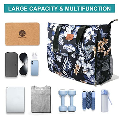 Heathyoga Multi-Functional Yoga Mat Carrier Gym Tote Bag - Large Mat Pocket, Women's Workout Bag - color: Zipper-Flowers