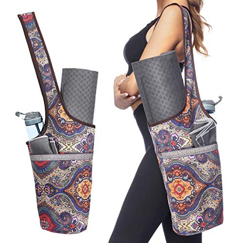 Ewedoos Canvas Yoga Mat Bag Fits Most Mats Yoga Bag with Large Storage Pockets to Hold More Accessories Ideal for Pilates Workout Gifts & Travel - color: Ancient Totem