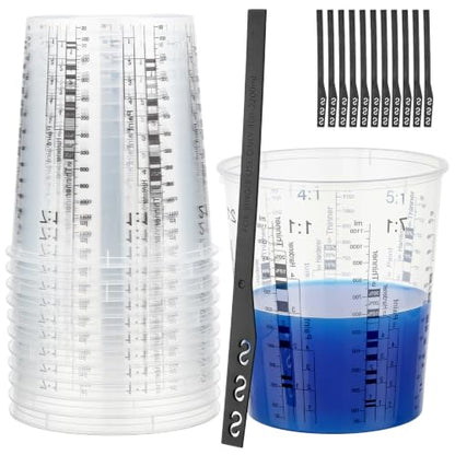 12 Pack 37oz 1100ml Clear Plastic Paint Mixing Cups with 12 Stir Sticks - Disposable Graduated Measuring Cups for Paint, Resin & Epoxy with ML Scale & 3-Column Ratios (1:1-7:1) for DIY Crafts - size: 37oz / 1100ml