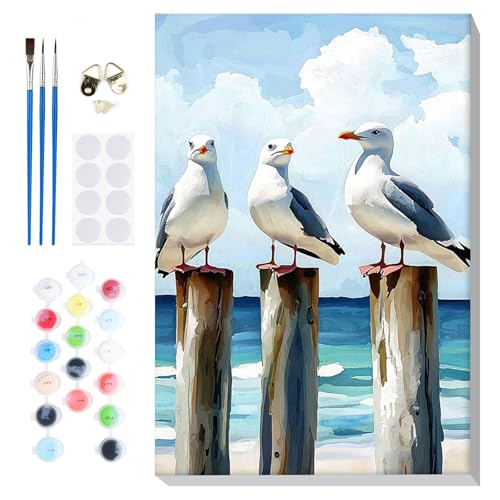 Bowetile Framed Paint by Numbers Seagull for Adults Beginners, Adults' Paint-by-Number Seagull Kits, Easy Adult Paint by Number Kits on Canvas, Acrylic Animals Number Painting for Home Decor, 8x12in - color: Seagull