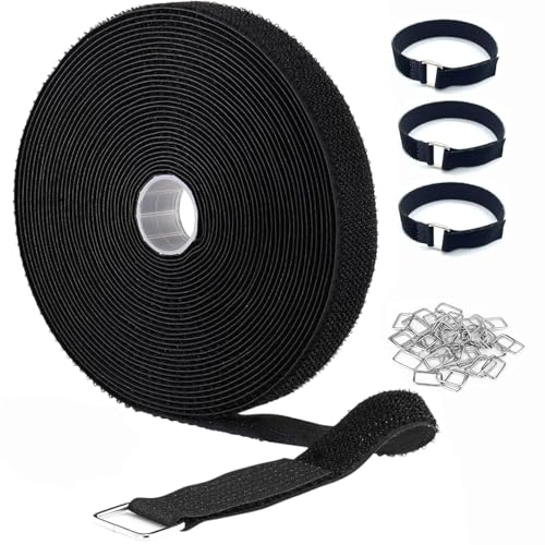 16Ft x 1In Adjustable Cable Straps with 25 Metal Buckles, Black Reusable Fastening Cable Ties, Wire Management, Free Cut Length, Hook and Loop Securing Strap for Cable Tidy (16Ft x 1In)