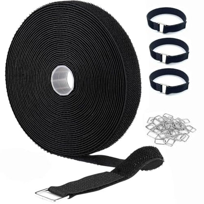 16Ft x 1In Adjustable Cable Straps with 25 Metal Buckles, Black Reusable Fastening Cable Ties, Wire Management, Free Cut Length, Hook and Loop Securing Strap for Cable Tidy (16Ft x 1In)