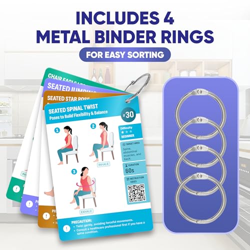 [100+ BIG CARDS] Chair Yoga for Seniors Over 60 - Chair Yoga Cards with Step-by-step Guides Full HD Videos, 28 Days Challenge for 3 Levels, Bonus 4 Rings & Wooden Base, Chair Exercises for Senior