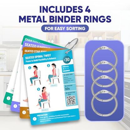 [100+ BIG CARDS] Chair Yoga for Seniors Over 60 - Chair Yoga Cards with Step-by-step Guides Full HD Videos, 28 Days Challenge for 3 Levels, Bonus 4 Rings & Wooden Base, Chair Exercises for Senior